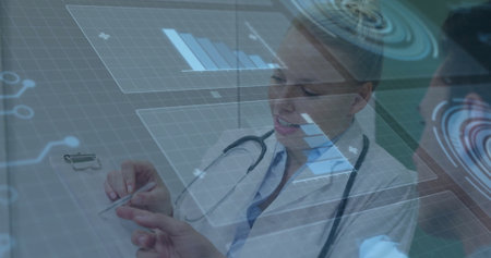 Doctor reviewing chart and handing pen to patient in clinic, with stethoscope and HUD overlays. Medical, technology, healthcare, innovation, digital, professional, analysisの写真素材
