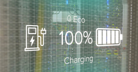 Displaying charging overlay over server racks in data center, with eco 100% battery and bolt icons. Technology, innovation, energy, sustainability, digital, infrastructure, industrialの写真素材