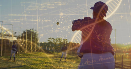 Pitching baseball, pitcher wearing cap and glove on sunset field. Athletics, teamwork, sportswear, outdoor, energy, determinationの写真素材