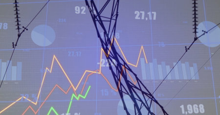 Displaying transmission tower silhouette overlapping energy control screen with highlight nodes. Technology, data visualization, digital analytics, cybersecurity, network infrastructure, futuristic, abstractの写真素材