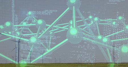 Rotating wind turbine towers displaying green network nodes and code fragments over open plain....