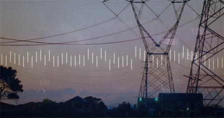 Framing transmission towers carrying power cables against dusk skyline, with data bars, copy space. Infrastructure, data visualization, energy, utility, technology, urban planning, silhouetteの写真素材