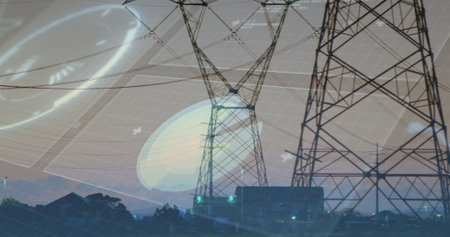 Displaying lattice steel towers crossing power lines on town outskirts, with digital grid overlay. Technology, infrastructure, energy, power, digital, futuristic, industrialの写真素材