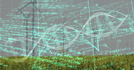 Displaying DNA double helix overlaying crop field, with wind turbines, code text and network graph. Agriculture, technology, sustainability, biotech, innovation, renewable, digitalの写真素材