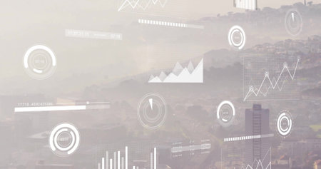 Displaying line charts bar graphs gauges progress bars and readouts over hazy hills with office tower. Analytics, data, technology, innovation, urban, skyline, futuristicの写真素材
