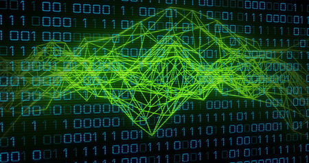 Floating neon green wireframe mesh weaving through binary code grid, with data visualization theme. Cyber, futuristic, digital, abstract, technology, innovation, visualizationの写真素材