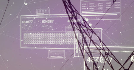 Displaying network mesh in purple cyberspace, featuring lattice silhouette and data panels. Futuristic, digital, technology, cybersecurity, data visualization, abstract, innovationの写真素材