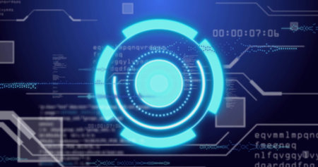 Showing central cyan-blue graphic in HUD, with data streams code panels text overlays and timestamp....