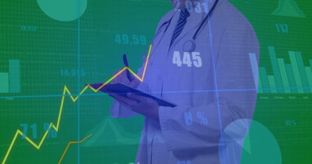 Analyzing doctor wearing lab coat and stethoscope holding clipboard at green screen, with charts. Medical, analytics, technology, healthcare, digital, data visualization, innovationの写真素材