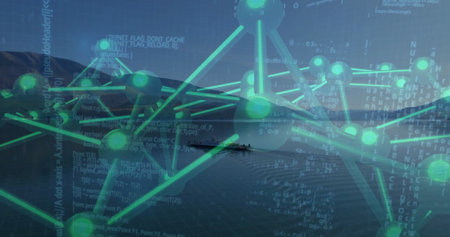 Displaying green molecular network overlaying sheltered bay, with naval vessel and code snippets....