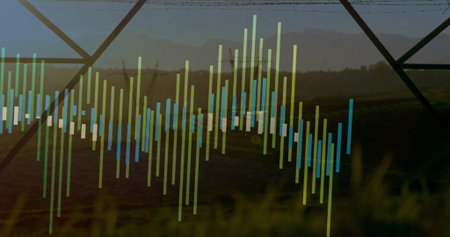 Displaying green and blue equalizer bars overlaying farmland at dawn with pivot irrigation truss....