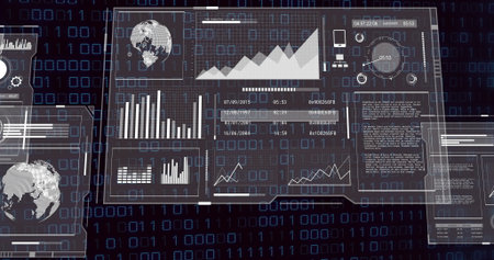 Translucent panels floating in console with bar and line charts, gauge, code on binary background. Futuristic, technology, analytics, interface, cybersecurity, data visualization, digitalの写真素材