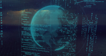 Glowing dotted Earth globe hovering in virtual digital space, with grid plane floating code streams....