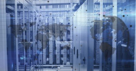 Central server rack operating behind glass doors in data center, with blinking LED indicators....