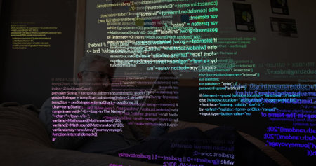 Working man typing code on laptop on leather couch in living room, with projected code snippets. Technology, innovation, home office, digital, creativity, modern, casualの写真素材