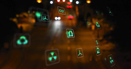 Floating green holographic eco icons drifting over city street at night, with blurred headlights. Sustainability, smart technology, digital augmentation, urban innovation, environmental awareness, futuristic design, clean energyの写真素材