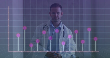 Standing doctor wearing lab coat with stethoscope in clinic, showing bar chart grid, purple markers....