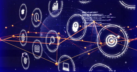 Displaying network visualization in blue gradient, with circular icons, orange lines, dotted sphere. Technology, connectivity, innovation, data, cybersecurity, digital, analyticsの写真素材
