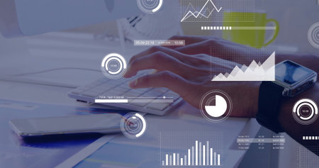 Typing hands entering data on keyboard at home office, with smartwatch, mug and data overlays. Productivity, analytics, technology, digital, workspace, innovation, modernの写真素材