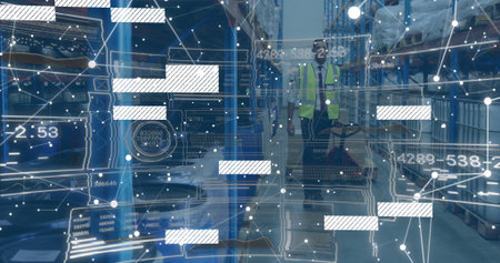 Walking male worker wearing high-visibility vest inside warehouse aisle with digital overlay....