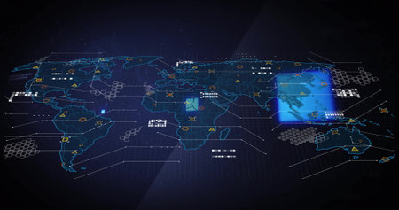 Displaying neon-blue world map graphic on interface, with hex clusters, nodes, warning icons....