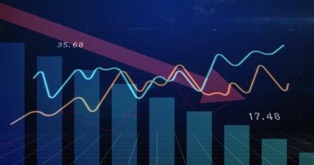 Displaying financial chart at digital interface, with blue bars, two line graphs, red decline arrow. Finance, data, analytics, dashboard, technology, investment, digitalの写真素材