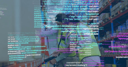 Scanning at racks, warehouse workers wearing vests using scanner tablet with boxes crates AR view....