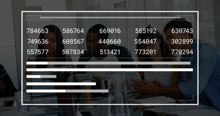 Collaborating five professionals analyzing data in corporate meeting room, with smartphones, tablet. Teamwork, innovation, technology, analytics, productivity, modern, businessの写真素材