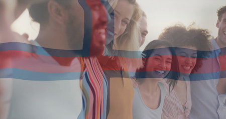 Standing eight friends wearing summer clothes draping arms over shoulders outdoors, cross overlay. Diversity, camaraderie, casual, celebration, unity, vibrancy, friendshipの写真素材