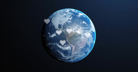 Floating planet Earth displaying swirling clouds in space, with translucent heart icons hovering....