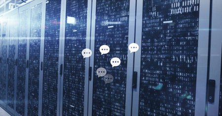 Presenting row of server rack cabinets showing status LEDs in data center aisle, with chat overlays....