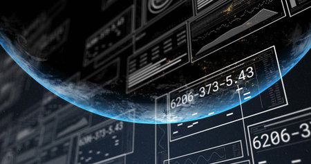 Displaying curved planet horizon glowing in orbital analytics interface, with data panels and codes....