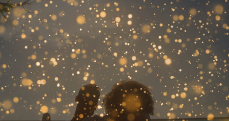 Standing shadowed couple watching golden particles floating on rooftop at dusk, bare branches above. Silhouettes, celebration, serenity, ambient, romantic, ethereal, twilightの写真素材