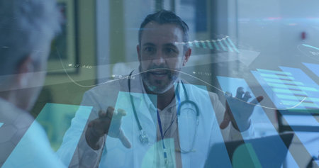 Explaining doctor in lab coat showing digital data to patient in clinic, with stethoscope badge. Medical, healthcare, professional, diagnostics, analysis, technology, clinicalの写真素材