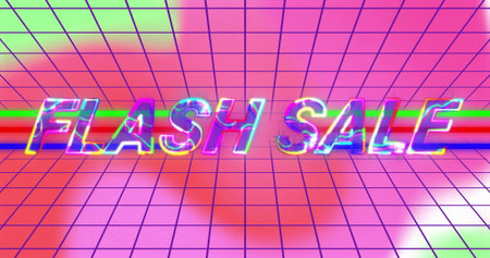 Displaying neon holographic text glowing over retro grid plane, with red and green bands....