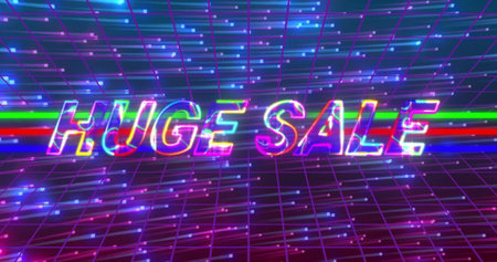 Displaying neon text pulsing in cyberpunk grid, with colored bands and glowing particles. Futuristic, cyberpunk, vibrant, digital, tech, advertising, motionの写真素材