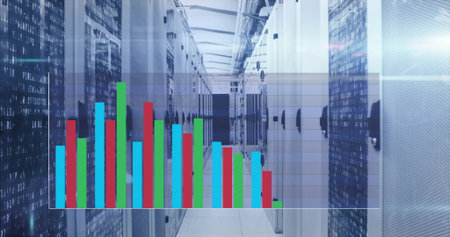 Displaying blinking LEDs and code on server rack corridor in data center with colored chart overlay....