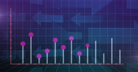 Displaying 3D bar chart on neon grid floor with magenta markers and background arrows. Futuristic,...