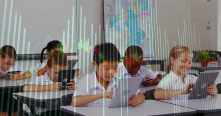 Students tapping tablets in classroom, with whiteboard, world map and data chart overlay. Education,...