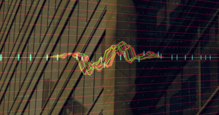 Displaying waveform chart on shaded wall with red grid lines, teal candlestick markers, axis labels. Data, visualization, infographics, analytics, digital, modern, technologyの写真素材