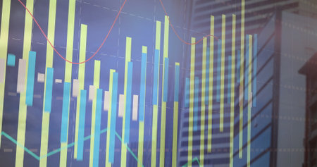 Displaying financial chart showing vertical bars and line graphs on glass high-rise with gridlines....