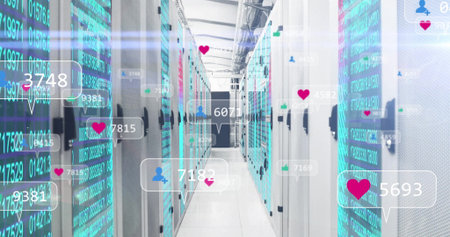 Corridor stretching in data center, with server racks, cables and streams, floating social metrics....