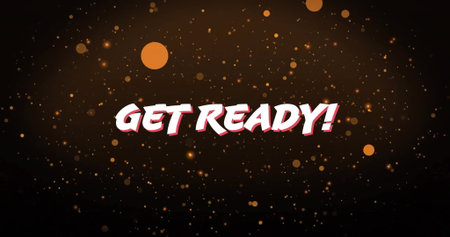 Displaying stylized text GET READY! in digital graphic scene, with glowing orange festive particles. Bold, vibrant, celebratory, energetic, modern, dynamic, abstractの写真素材