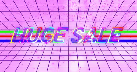 Floating 3D neon letters over pink grid space, with tricolor bar and confetti. Neon, cyber,...