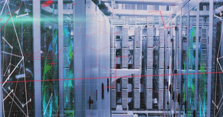 Showing aisle between server racks inside data center, with glowing LEDs and network diagrams....