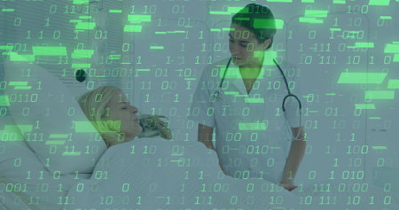 Discussing health updates senior patient and nurse in hospital with stethoscope, binary overlay. Elderly, caregiver, healthcare, medical, technology, support, clinicalの写真素材