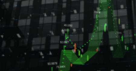 Displaying chart overlay on office building windows with dotted wave, candlestick bars, data labels....