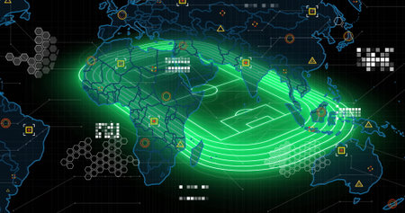 Displaying neon green football pitch overlaying digital world map, with hexagon clusters. Futuristic, data visualization, analytics, high-tech, digital interface, global, neonの写真素材