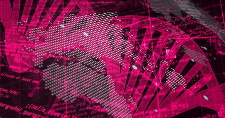 Displaying dotted Americas map over double helix wireframe in interface with code and grid overlay. Technology, data visualization, digital interface, biotech, futurism, network, innovationの写真素材