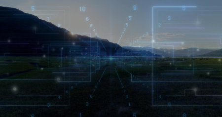 Projecting grid lines circuit paths with glowing numeric markers and central node over green valley. Geography, technology, data, communication, visualization, innovation, connectivityの写真素材